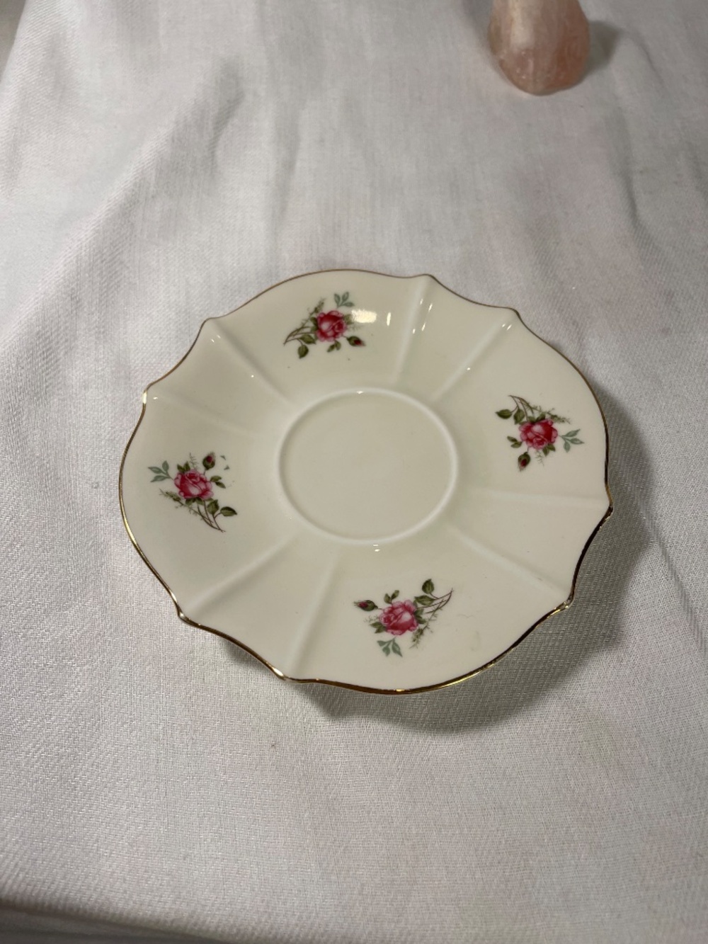 Cream Porcelain Saucer with Pink Rose Motif and Gold Trim
